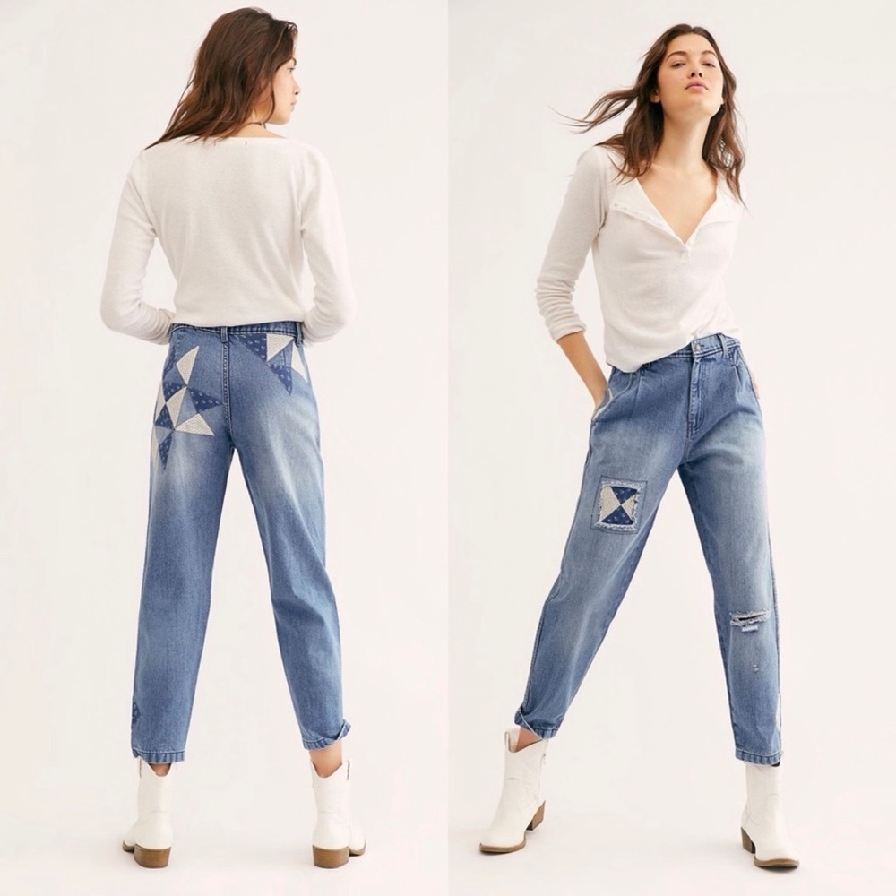 Free People Down to Earth Patchwork Blue Jeans size 25